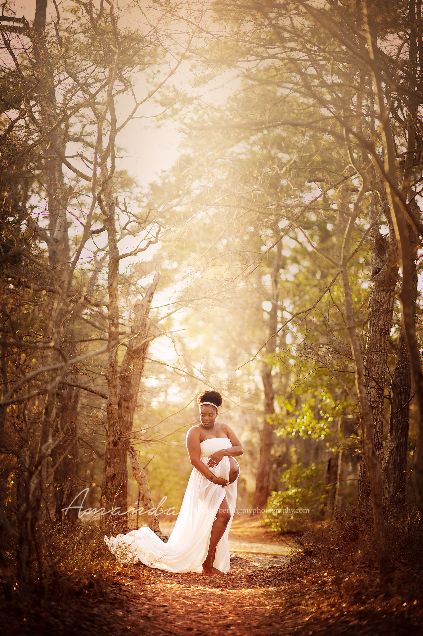 beautiful maternity gown portrait in the woods