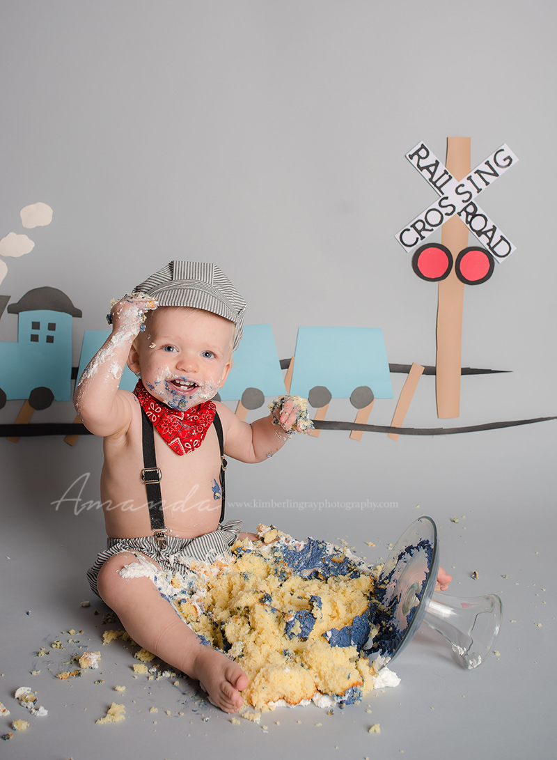 vintage train conductor cake smash